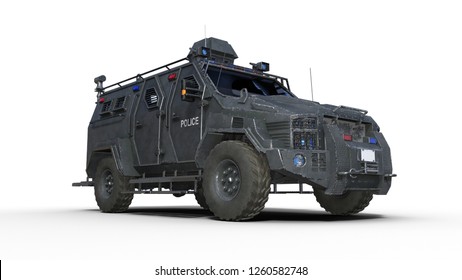 Armored SUV truck, bulletproof police vehicle, law enforcement car isolated on white background, bottom view, 3D rendering