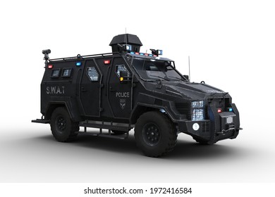 Armoured police SWAT vehicle with lights on. 3D illustration isolated on a white background.
