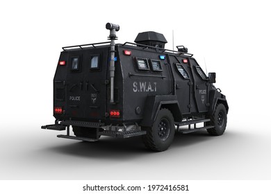Armoured police SWAT vehicle viewed from rear corner. 3D illustration isolated on a white background.