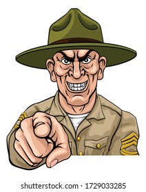 An Army Bootcamp Drill Sergeant Soldier Looking Mean And Pointing At The Viewer