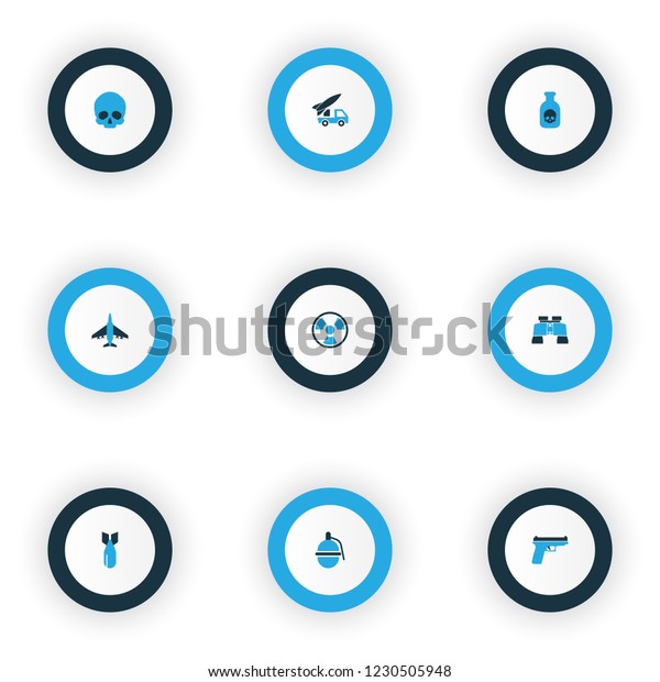 Army\
icons colored set with aircraft, cranium, venom and other bio\
hazard elements. Isolated  illustration army\
icons.