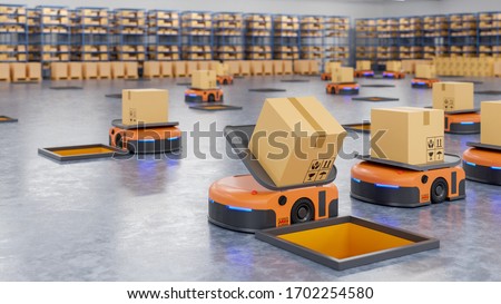 An army of robots efficiently sorting hundreds of parcels per hour(Automated guided vehicle) AGV.3d rendering