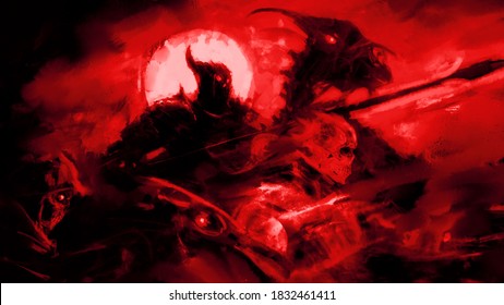 An army of undead on ghostly horses in broken armor rushes forward into battle, knights, zombies, swordsmen and cavalry move in a single stream of undead. 2D illustration.
