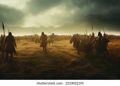 An Army Of Viking Barbarians In Battle On A Battle Field. Middle Ages Digital Illustration Featuring Vikings Raiding And Fighting On A Large Field In A Historic Medieval Artwork.  Silhouettes In North