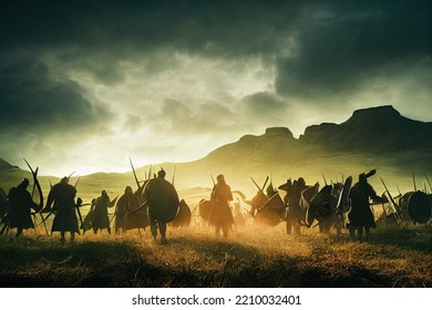 An Army Of Viking Barbarians In Battle On A Battle Field. Middle Ages Digital Illustration Featuring Vikings Raiding And Fighting On A Large Field In A Historic Medieval Artwork.  Silhouettes In North