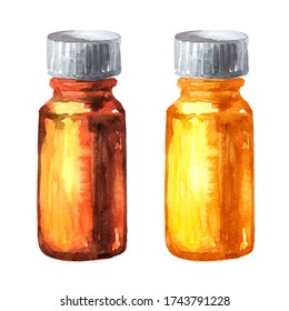 Aroma Oil Bottle Or Medical Tincture, Syrup, Drops. Hand Drawn Watercolor Illustration Isolated On White Background