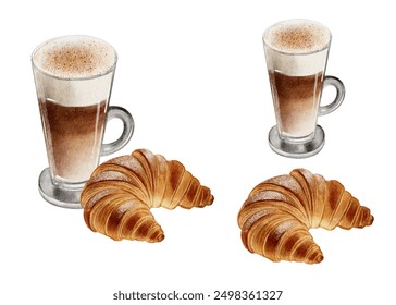 Aromatic coffee, espresso, latte, americano, with coffee beans, set watercolour illustration cafe, restaurant menu, bakery, desserts, ingredients for recipe, Pastries croissants, pink heart cookies - Powered by Shutterstock