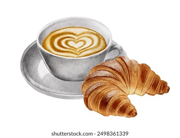 Aromatic coffee, espresso, latte, americano, with coffee beans, set watercolour illustration cafe, restaurant menu, bakery, desserts, ingredients for recipe, Pastries croissants, pink heart cookies - Powered by Shutterstock