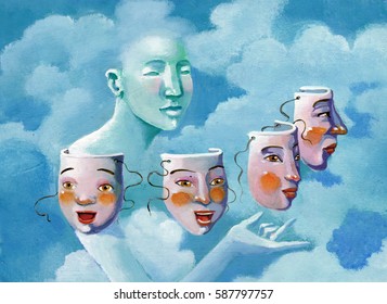 around a female figure that mingles with clouds turn 4 masks, a child, a teenager, a woman, an elderly