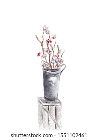 Arrangement Of A Flowers In A Tall Vase. Branches Of Cotton Buds And Red Berries. Ikebana Isolated On White Background. Hand Drawn Sketch Illustration. Watercolor Textured Painting.  