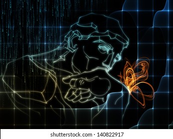 Arrangement Of Fractal Grid, Sketch Of Rodin Thinker And Abstract Butterfly On The Subject Of Science And Education