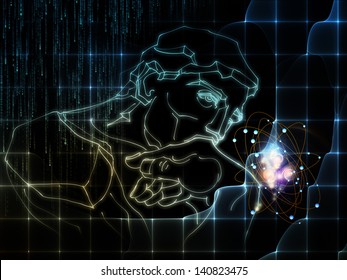 Arrangement Of Fractal Grid, Sketch Of Rodin Thinker And Abstract Atom On The Subject Of Science And Education