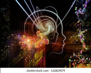 Arrangement of lines of human head, fractal grids and technology related symbols on the subject of artificial intelligence, science, education and technology