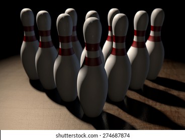 An Arrangement Of White And Red Used Vintage Bowling Pins Resting On A Wooden Bowling Alley Surface On A Dark Background