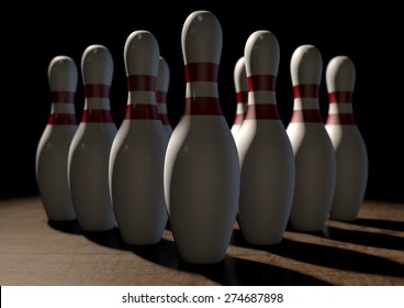 An Arrangement Of White And Red Used Vintage Bowling Pins Resting On A Wooden Bowling Alley Surface On A Dark Background