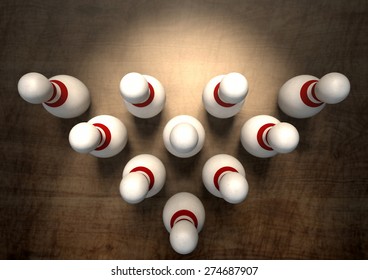 An Arrangement Of White And Red Used Vintage Bowling Pins Resting On A Wooden Bowling Alley Surface On A Dark Background