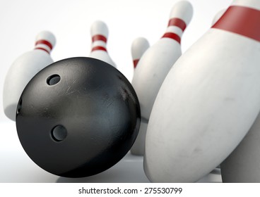 An Arrangement Of White And Red Used Vintage Bowling Pins Being Struck By A Bowling Ball On An Isolated White Studio Background