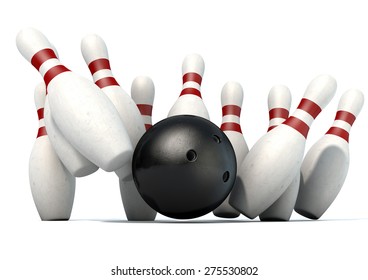 An Arrangement Of White And Red Used Vintage Bowling Pins Being Struck By A Bowling Ball On An Isolated White Studio Background