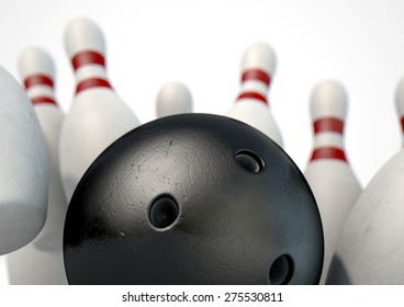 An Arrangement Of White And Red Used Vintage Bowling Pins Being Struck By A Bowling Ball On An Isolated White Studio Background