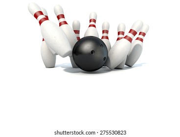 An Arrangement Of White And Red Used Vintage Bowling Pins Being Struck By A Bowling Ball On An Isolated White Studio Background