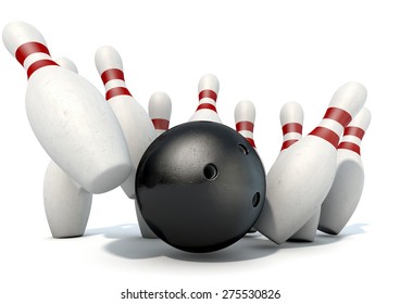 An Arrangement Of White And Red Used Vintage Bowling Pins Being Struck By A Bowling Ball On An Isolated White Studio Background