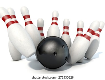 An Arrangement Of White And Red Used Vintage Bowling Pins Being Struck By A Bowling Ball On An Isolated White Studio Background