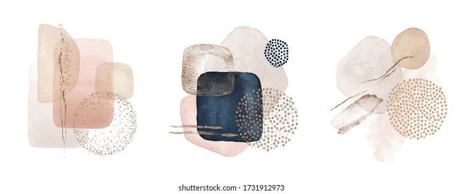 Arrangements. Navy Blue, Blush, Pink, Ivory, Beige Watercolor Illustration And Gold Elements, On White Background. Abstract Modern Print Set. Logo. Wall Art. Poster. Business Card.