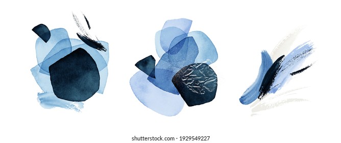 Arrangements Set. Blue, Navy, White, Ivory, Beige Watercolor Illustrations, On White Background. Abstract Modern Print Set. Logo. Wall Art. Poster. Business Card.