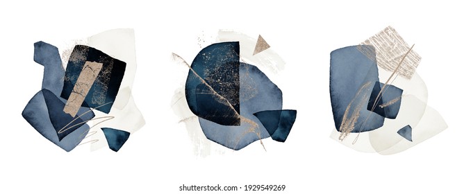 Arrangements Set. Blue, Navy, White, Ivory, Beige, Gold Watercolor Illustrations, On White Background. Abstract Modern Print Set. Logo. Wall Art. Poster. Business Card.