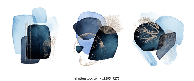 Arrangements Set. Blue, Navy, White, Ivory, Beige, Gold Watercolor Illustrations, On White Background. Abstract Modern Print Set. Logo. Wall Art. Poster. Business Card.