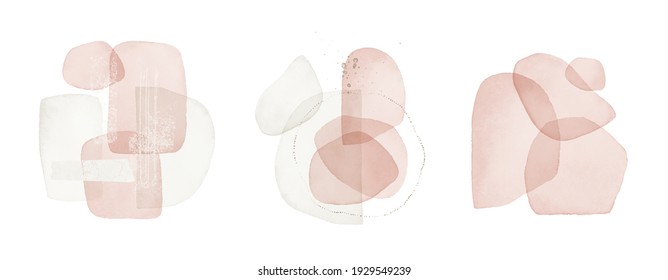 Arrangements Set. Blush, Pink, White, Ivory, Beige Watercolor Illustrations, On White Background. Abstract Modern Print Set. Logo. Wall Art. Poster. Business Card.