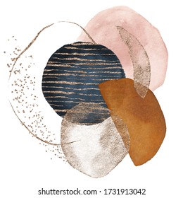 Arrangements. Terracotta, navy blue, orange, blush, pink, ivory, beige watercolor Illustration and gold elements, on white background. Abstract modern print set. Logo. Wall art. Poster. Business card.