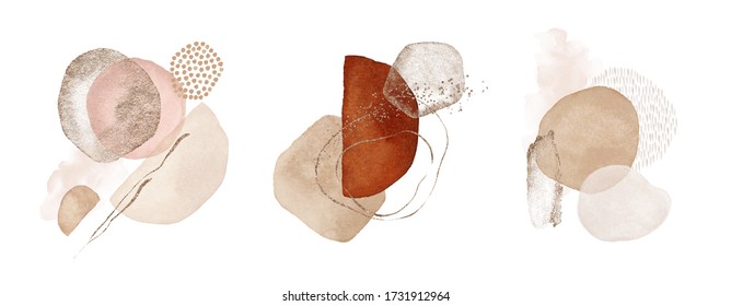 Arrangements. Terracotta, orange, blush, pink, ivory, beige watercolor Illustration and gold elements, on white background. Abstract modern print set. Logo. Wall art. Poster. Business card.