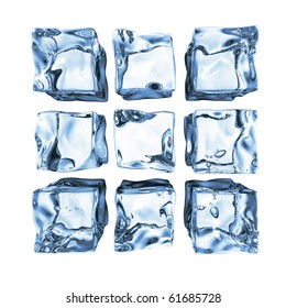 Array of 9 blue ice cubes assortment isolated on white - Shutterstock ID 61685728