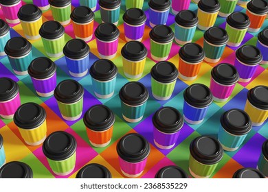 Array of colorful disposable paper coffee cups on multi colored checker pattern background. 3D illustration of the concept of takeaway, food delivery services, caffeine addiction and beverage industry