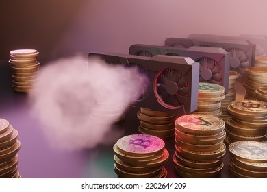 Array Of Display Cards Emitting Carbon Dioxide. 3D Illustration Of The Concept Of Negative Environmental Impact And High Carbon Footprints Produced By Cryptocurrency Mining