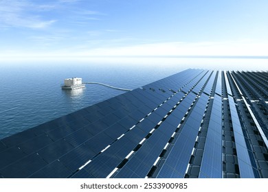 Array of floating solar panels on the ocean transforms sunlight into renewable energy. This innovative approach merges solar technology with the marine environment for sustainable power solutions. - Powered by Shutterstock