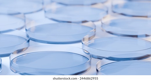 Array of petri dishes on table in laboratory, medical, biology or biotechnology science research concept background, 3D illustration