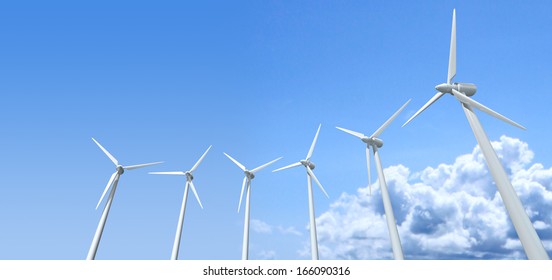 An array or regular wind turbines on an isolated blue sky with a single fluffy cloud