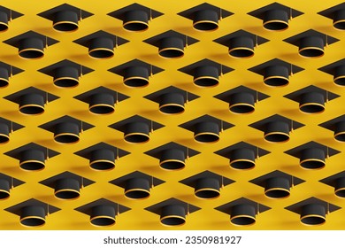 Array of rows of graduation caps on yellow background. 3D illustration of the concept of university graduation - Powered by Shutterstock