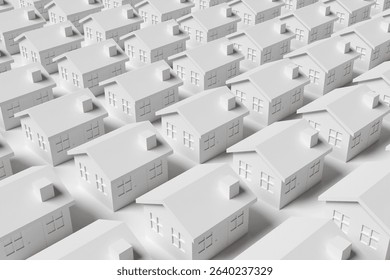 Array of rows of pure white houses on a white background. 3D illustration of the concept of real estate properties and residential housing issues