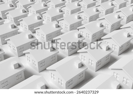 Array of rows of pure white houses on a white background. 3D illustration of the concept of real estate properties and residential housing issues