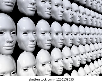 Array of white masks, identity, privacy, human face, 3d illustration