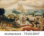 THE ARRIVAL IN BETHLEHEM, by Master LC, 1540, Netherlandish, Northern Renaissance oil painting. Three scenes within the painting narrate Mary and Joseph arrival , being turned away at an inn (right of