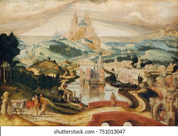 LA LLEGADA EN BETHLEHEM, por Master LC, 1540, Holanda, pintura al óleo del Renacimiento Septentrional. Tres escenas dentro de la pintura narran la llegada de María y José , siendo rechazada en una posada (derecha de