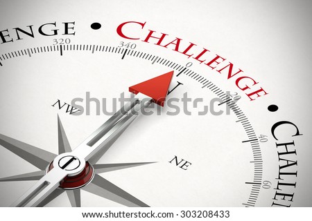 Arrow of a compass pointing to the word Challenge (3D Rendering)