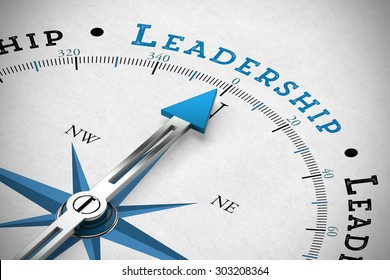 Pfeil nach einem Kompass, der auf das Wort Leadership verweist (3D-Rendering)