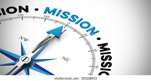 Arrow of a compass pointing to the word mission (3D Rendering)