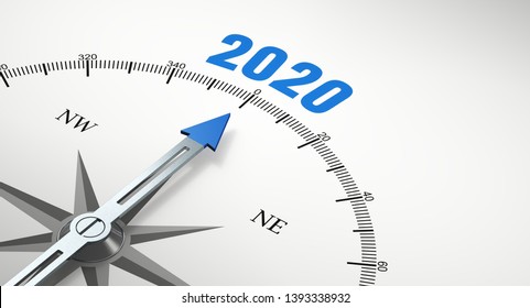 Pfeil von einem Kompasspunkt auf das Jahr 2020 (3D-Rendering)