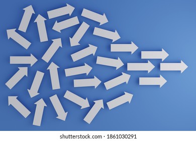 Arrow In Different Direction Change To The Same Target. Business Alignment Strategy Concept. 3d Render Illustration. 